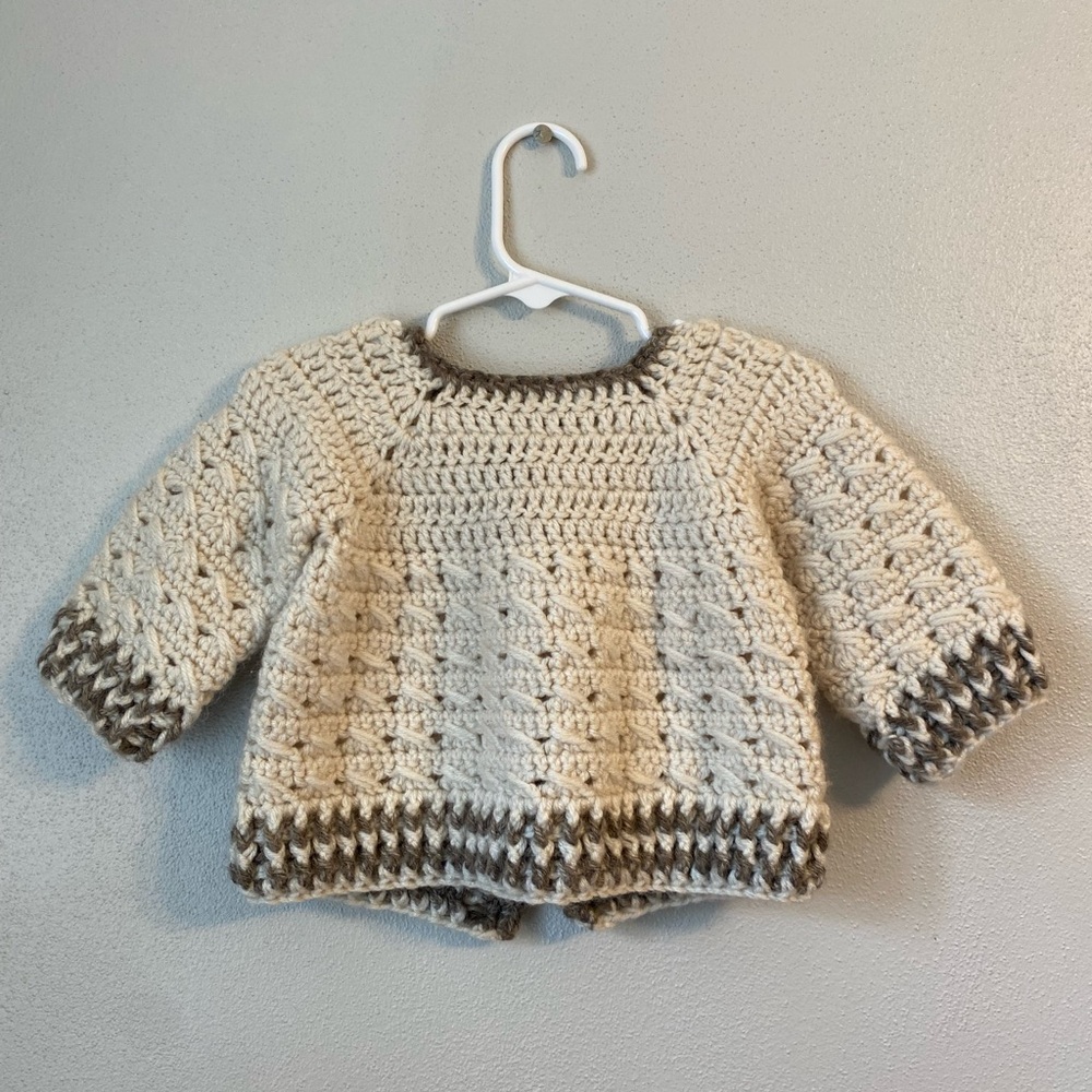 Handmade Cream and Brown Wool Crochet Baby Cardigan - Picture 2 of 5